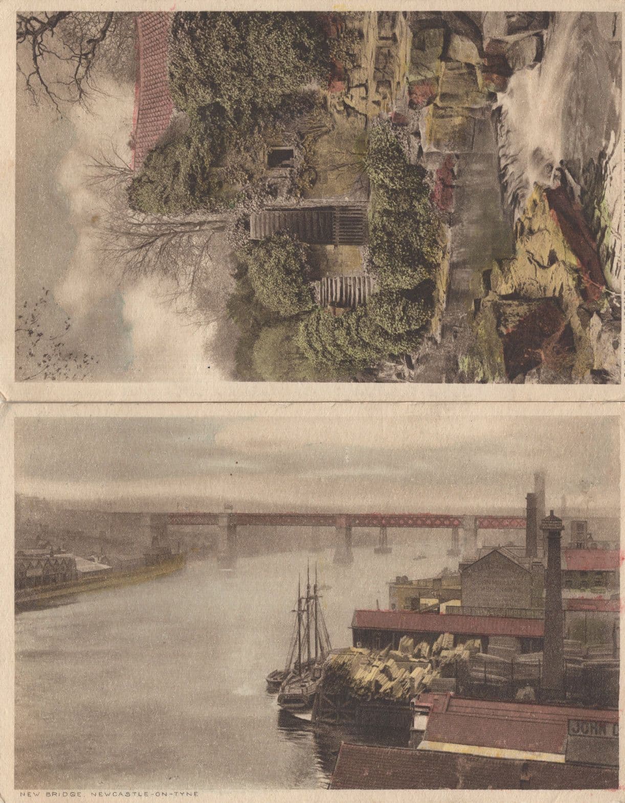 Ships At The Bridge Old Mill 2x Antique Newcastle 1919 Painting Postcard s