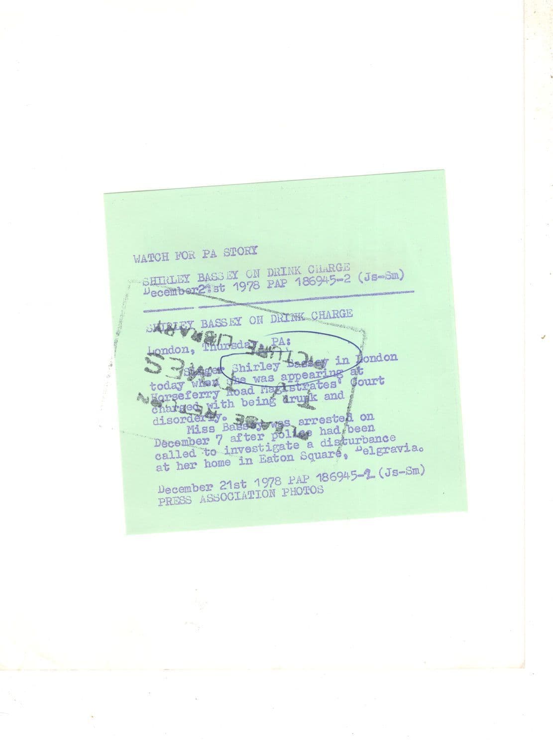Shirley Bassey 1970s Drunk & Disorderly Charge 10x8 Press Photo