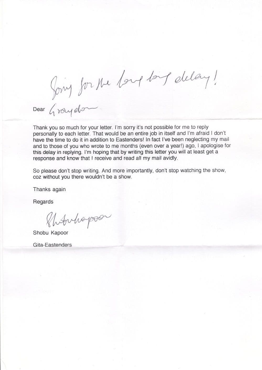 Shobu Kapoor Eastenders Large Hand Signed Letter