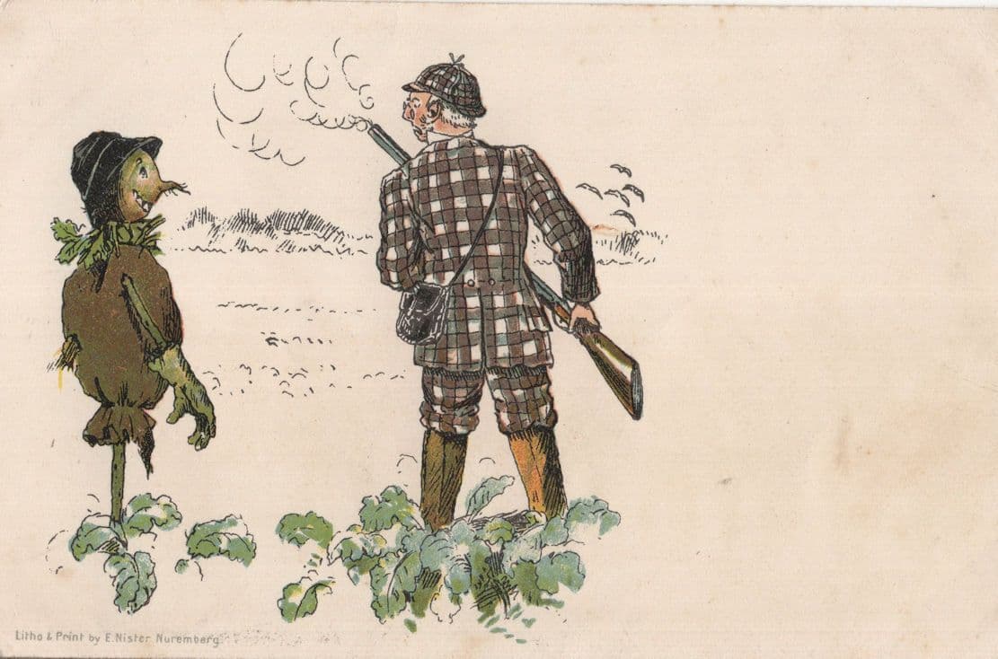 Shooting Range Birds Practice With Scarecrow Comic Old Postcard