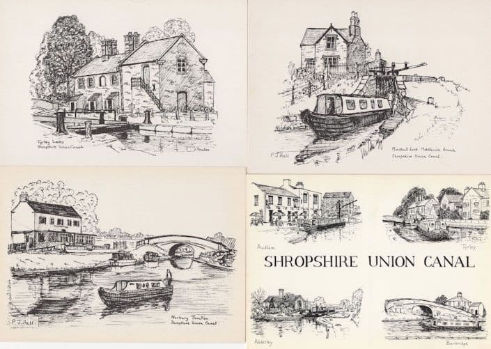 Shropshire Union Canal 4x Artist Drawing Postcard s