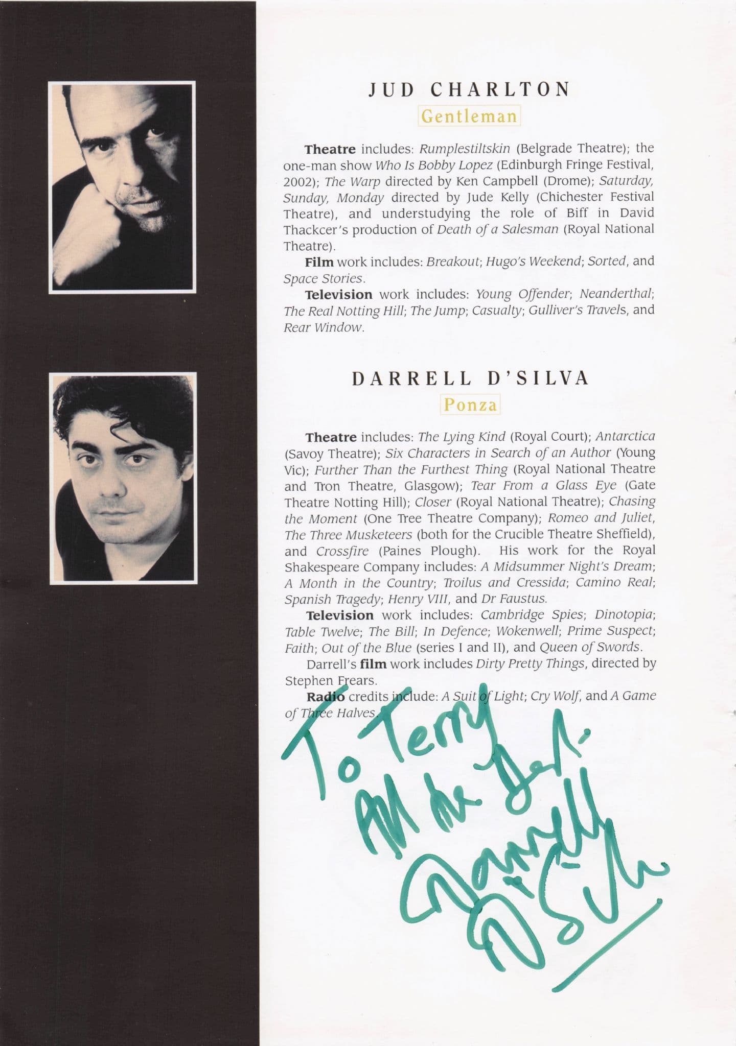 Sian Brooke Anna Carteret Darrell De Silva Hand Signed Theatre Page