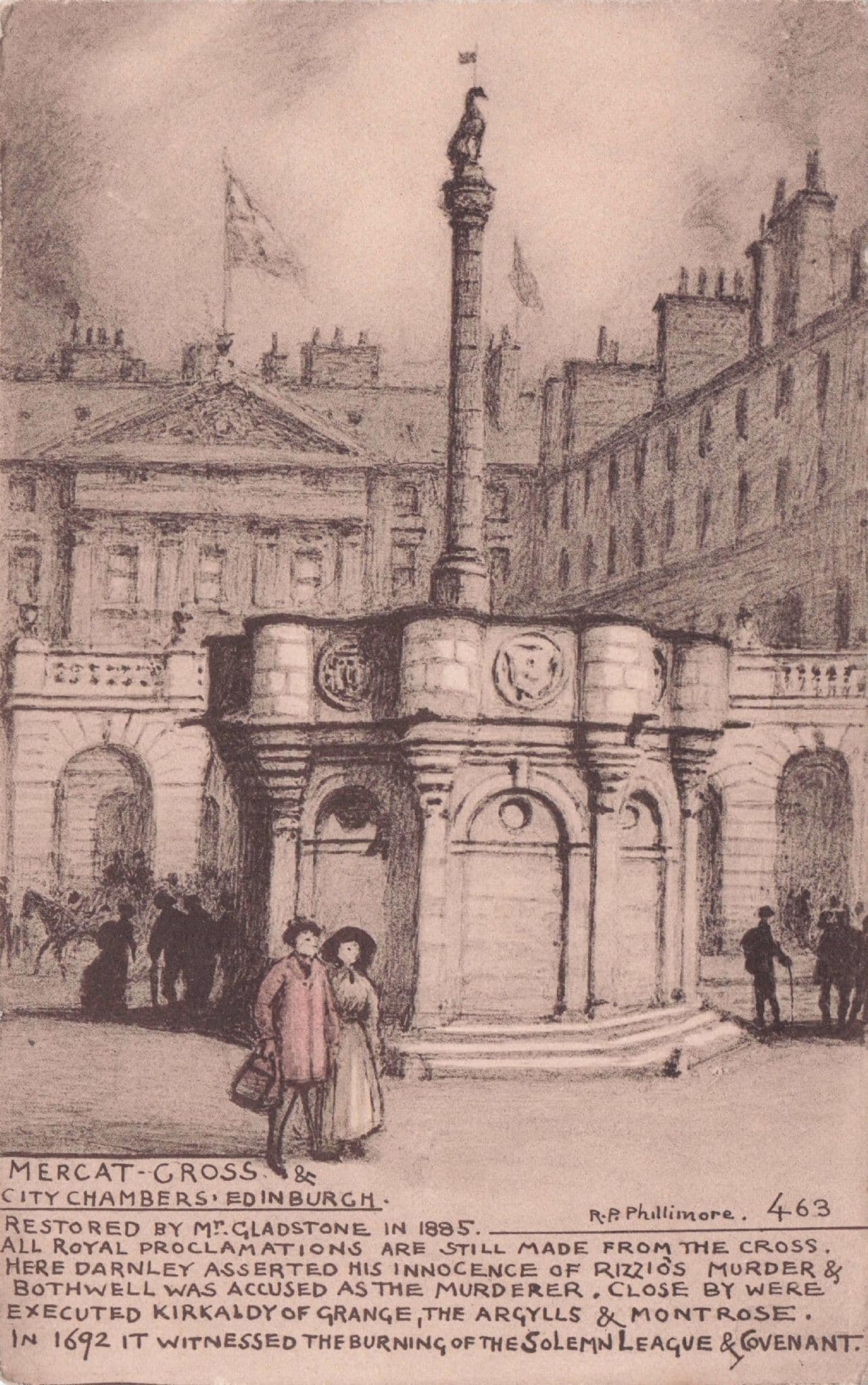 Silhouettes Lovers & Flag at Mercat Cross Edinburgh Phillimore Rare Postcard