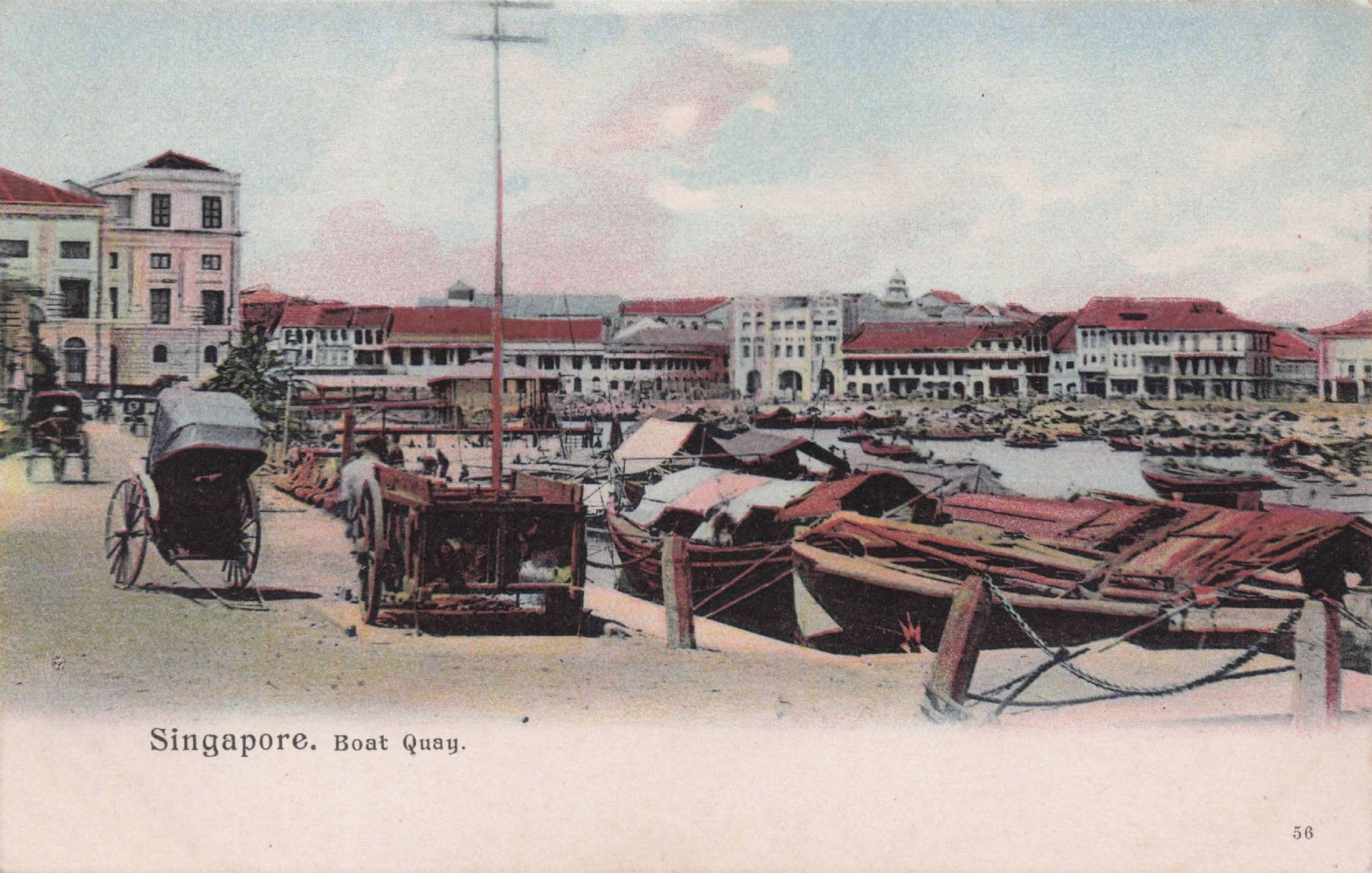 Singapore Boat Quay Harbour Ships Transport Antique Postcard