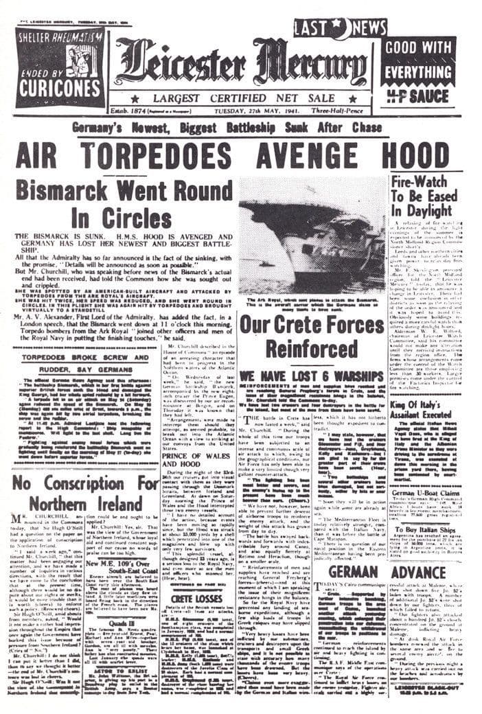 Sinking of Bismarck Ship WW2 Leicester Newspaper Ephemera