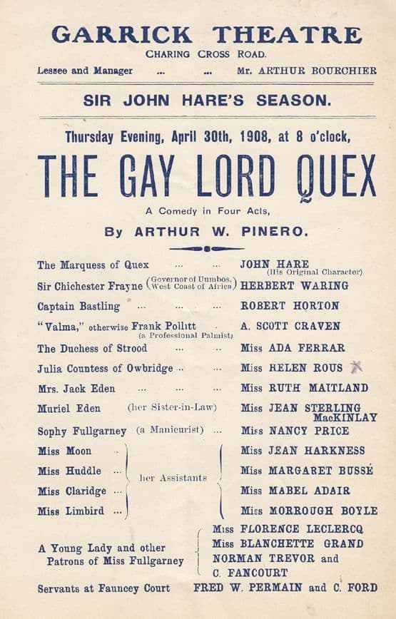Sir John Hare Farwell Performance of The Gay Lord Quex Comedy Garrick Theatre Programme