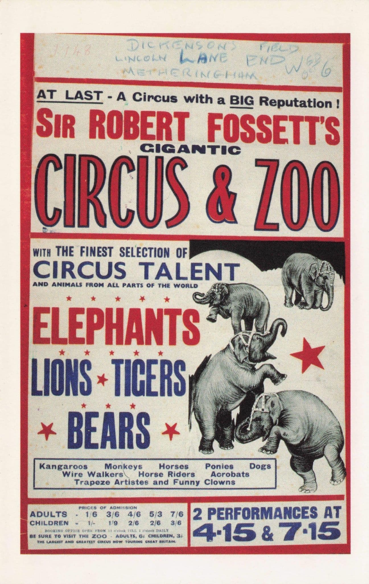 Sir Robert Fossett's Circus Metheringham London Poster Postcard