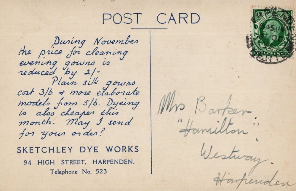 Sketchley Dye Works Cleaners Harpenden Herts Old Advertising Postcard