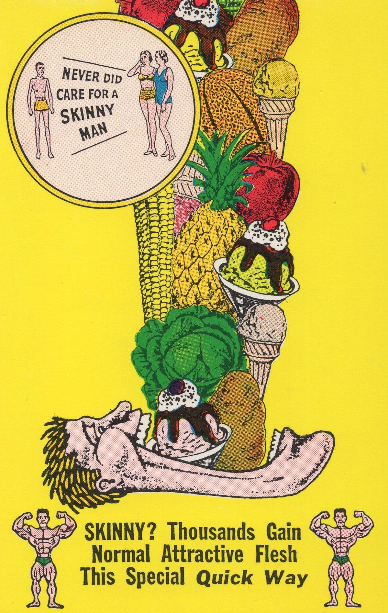 Skinny Muscle Man Dieting Secret Food Advertising Postcard