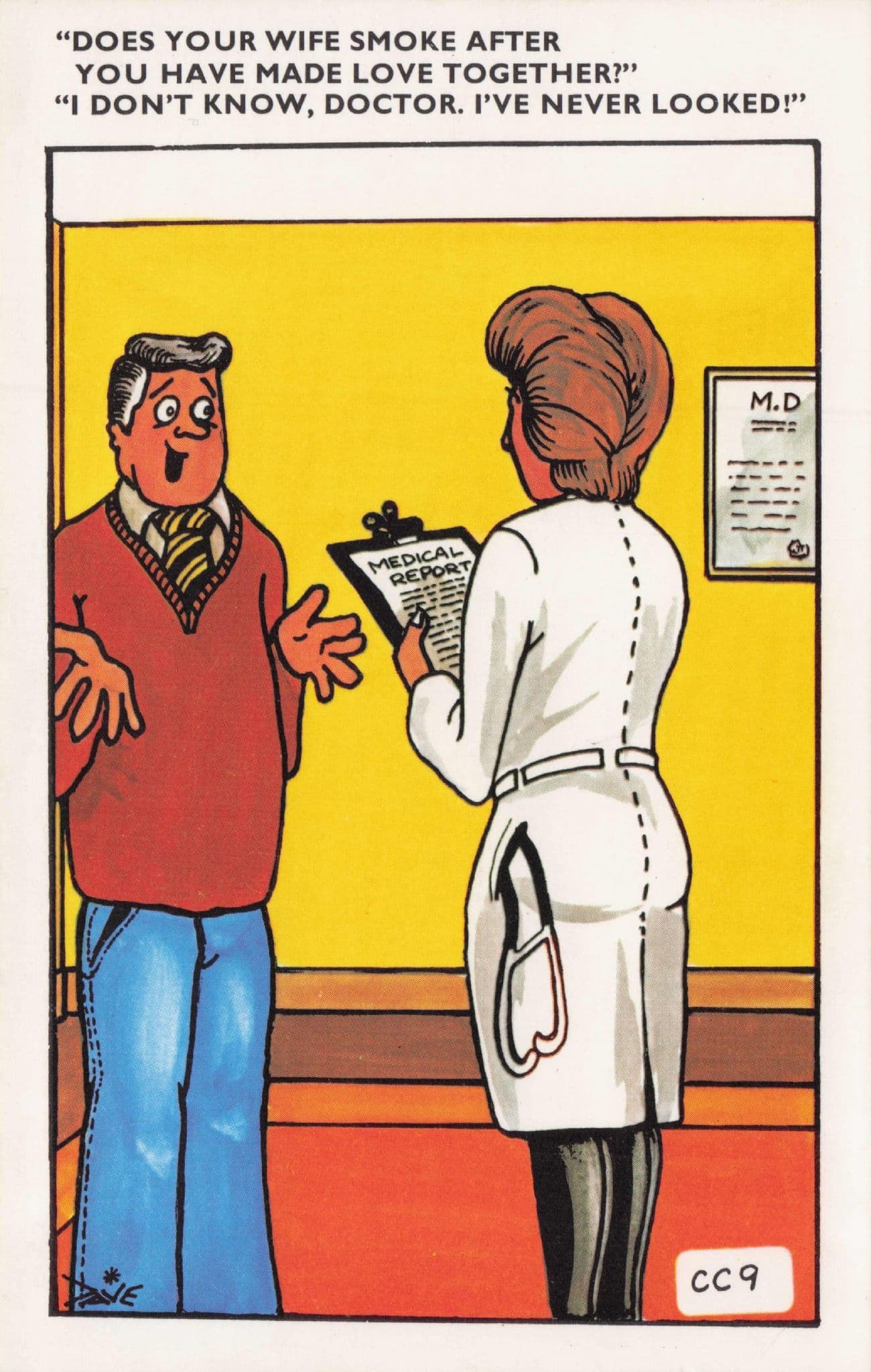 Smoking After Sex Doctors Surgery Office 1970s Comic Postcard