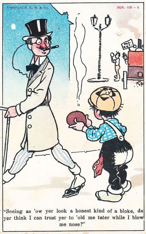 Smoking Man Blowing Blow His Nose Bogey Child + Revolting Manure Comic Postcard
