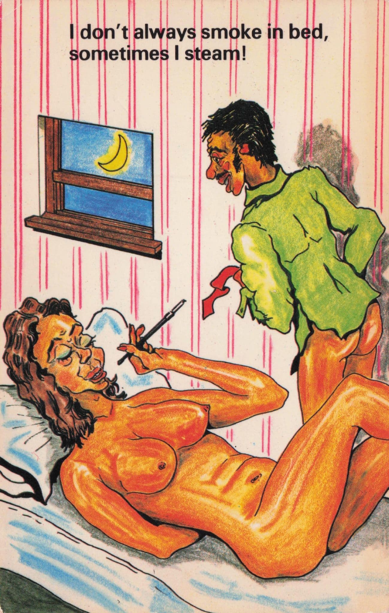 Smoking & Steaming In Bed Sexy Lady Drunk Man 70s Comic Postcard