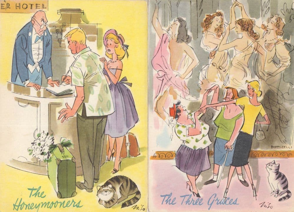 Smug Cat Honeymoon Hotel Girls Night Out Fight 2x Comic Postcard s