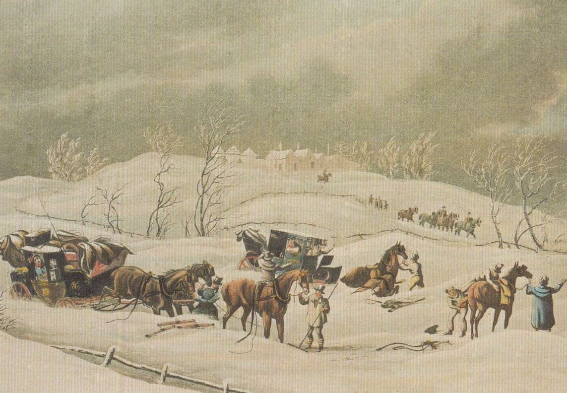 Snow Storm Disrupting Victorian Mail Coach Disaster Painting Transport Postcard