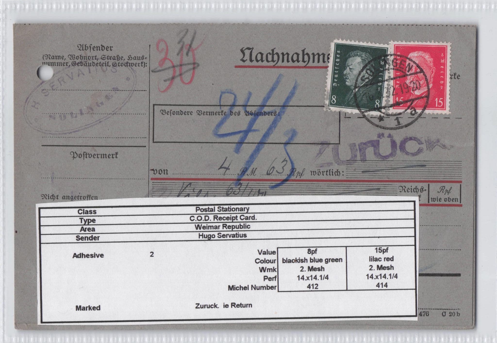 Solingen Hugo Servatius German Antique COD Receipt Postcard