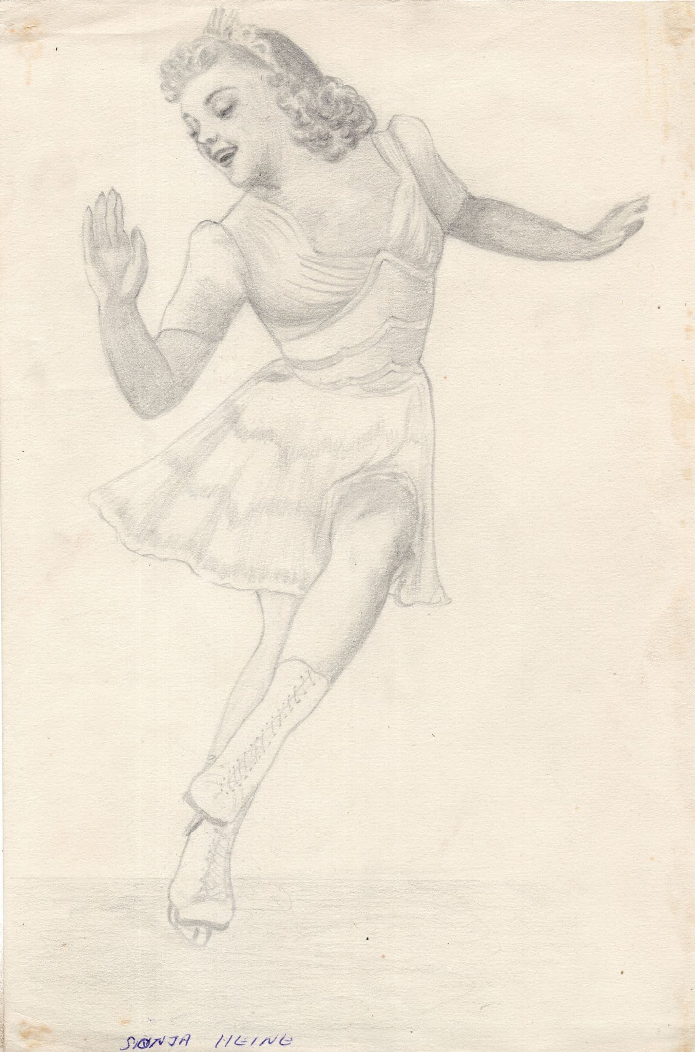 Sonja Henie Norway Ice Skater Film Actress Vintage Old Hand Sketch Art Drawing