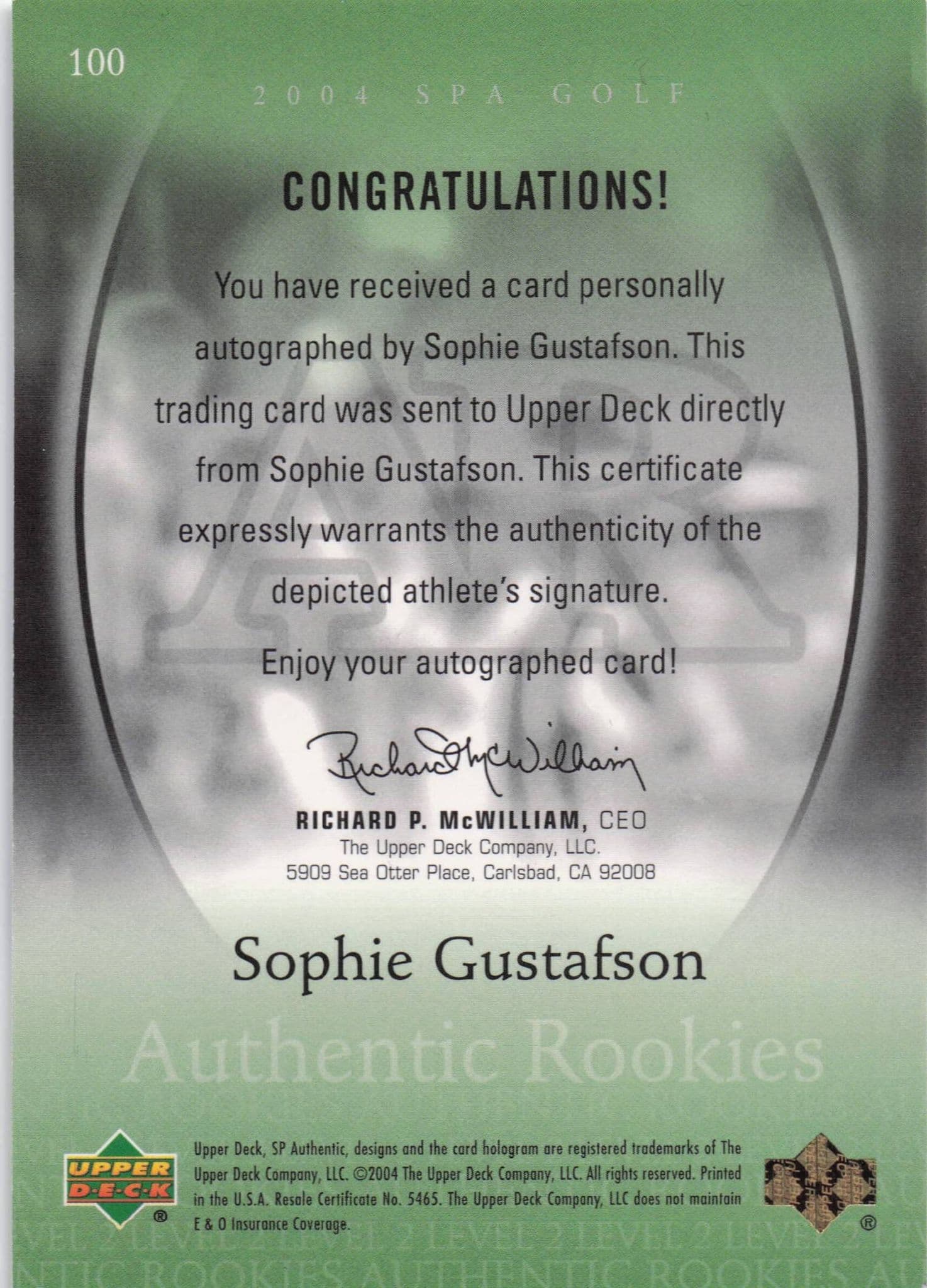 Sophie Gustafson Authentic Rookies 2004 Golf SP Hand Signed Autograph Card