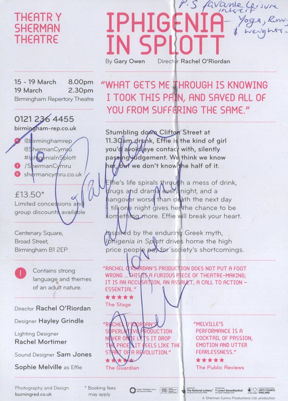 Sophie Melville Iphigenia In Splott Hand Signed Folded Theatre Flyer