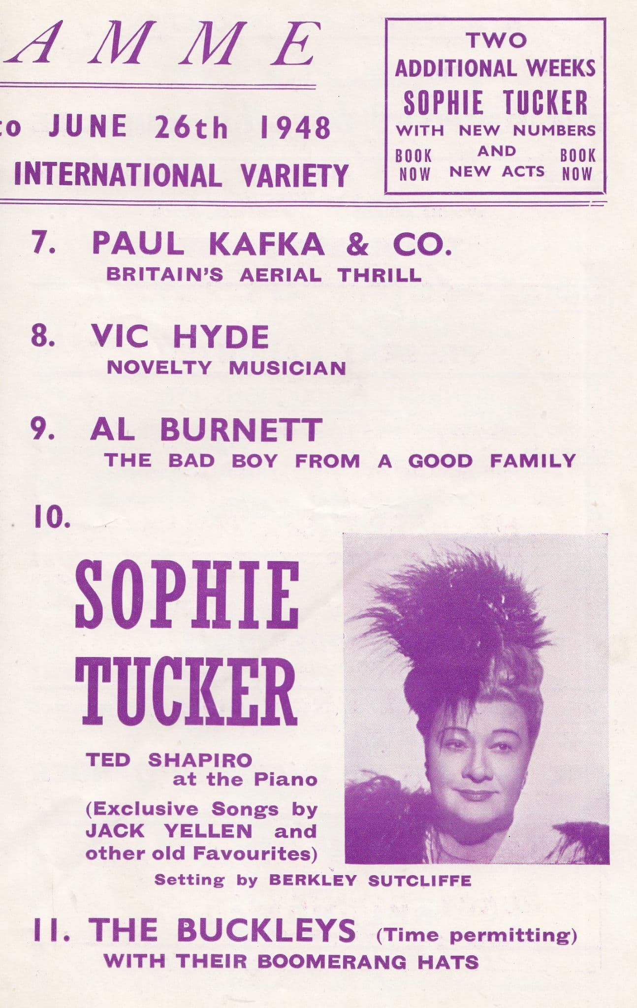 Sophie Tucker London Casino Theatre Musical Old 1948 Programme