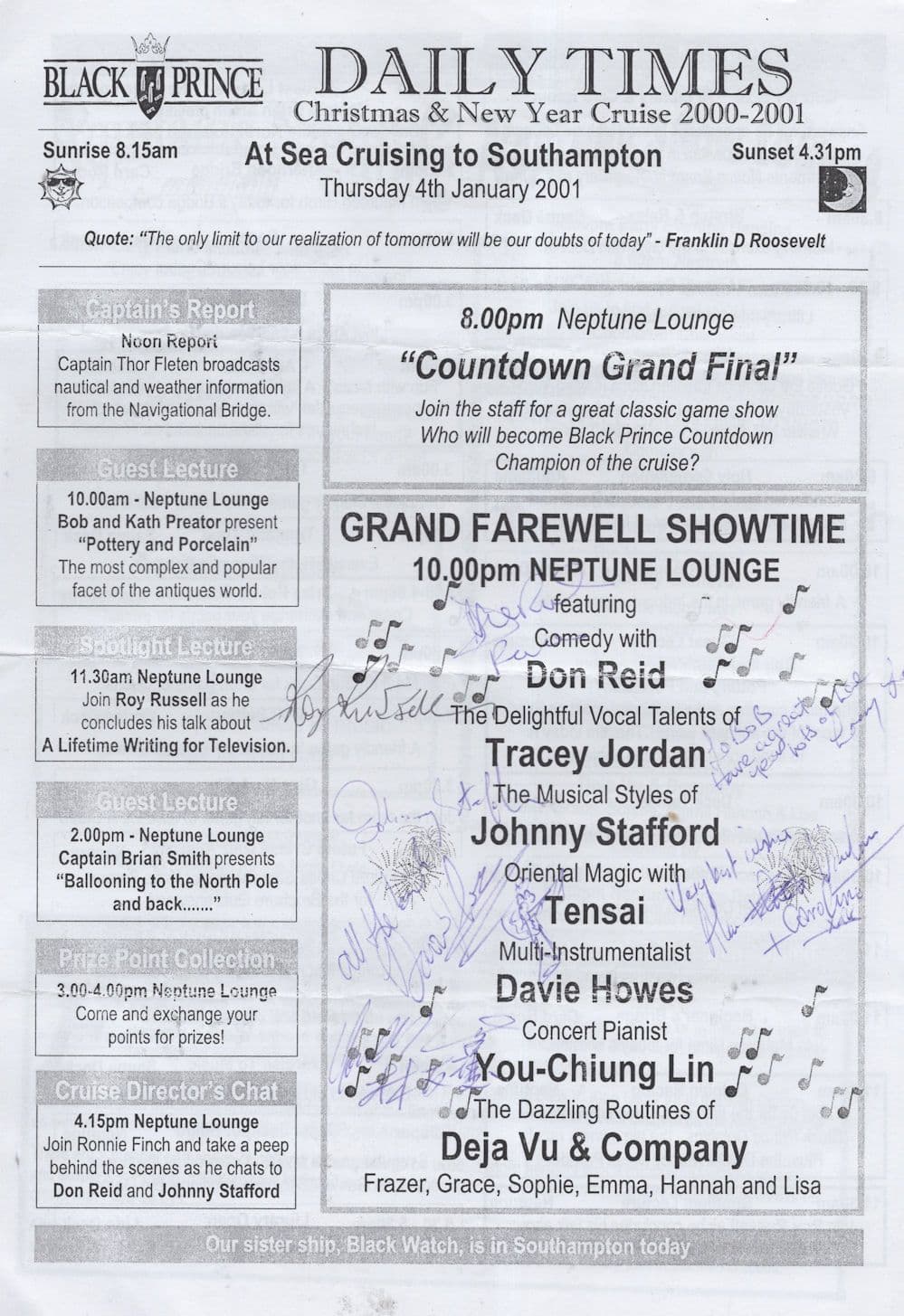 Southampton Chinese Magician Pianist Singer Cruise Ship Hand Signed Ephemera