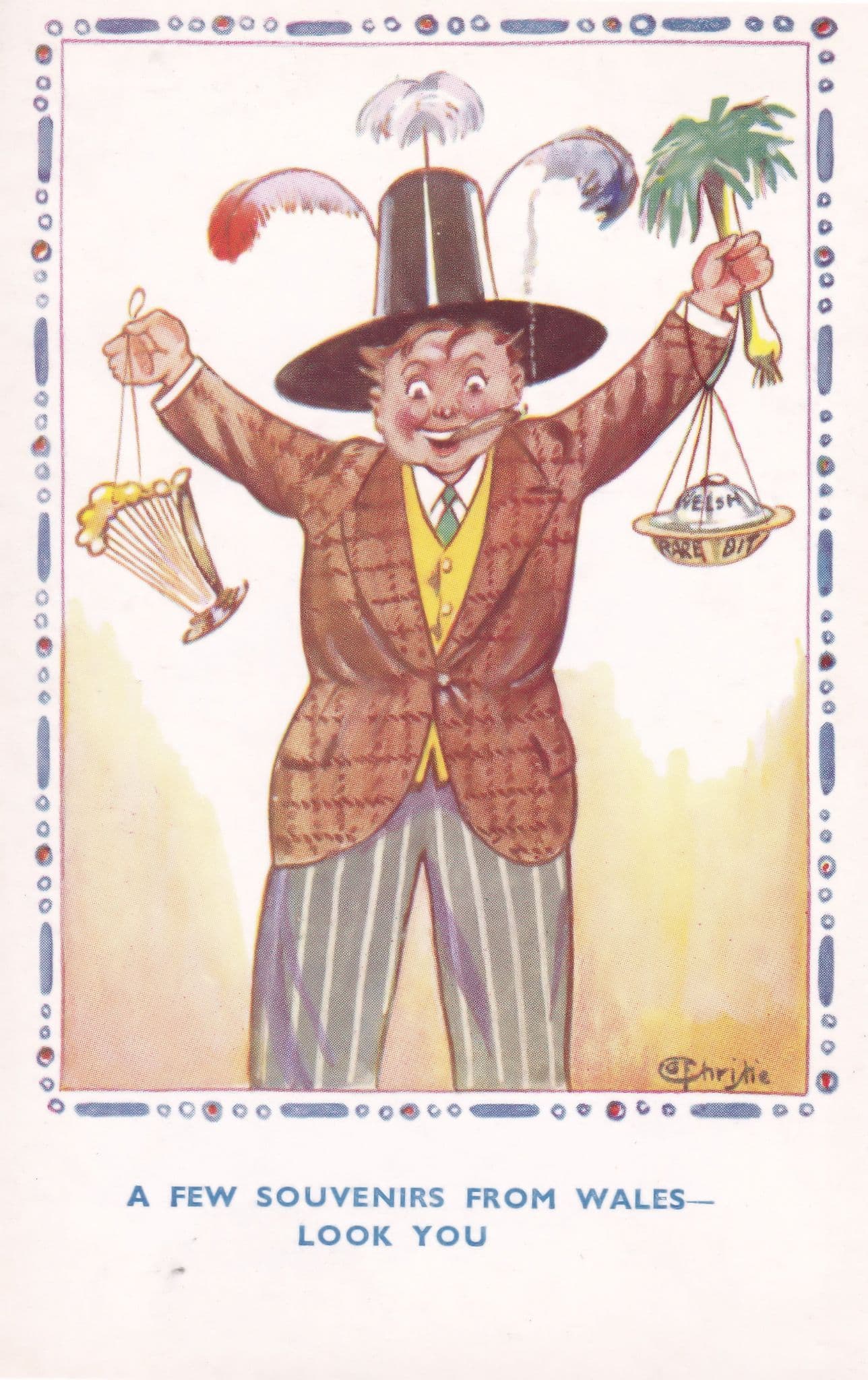 Souvenirs From Wales Harp Hat Old Comic Humour Postcard