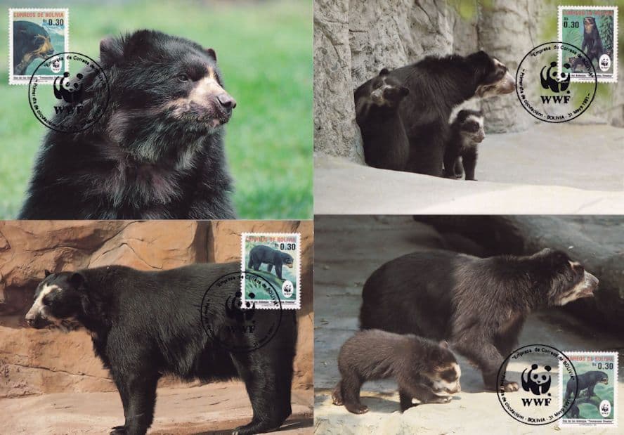 Spectacled Bear Bolivia Bolivian WWF Stamp FDC 4x Postcard s