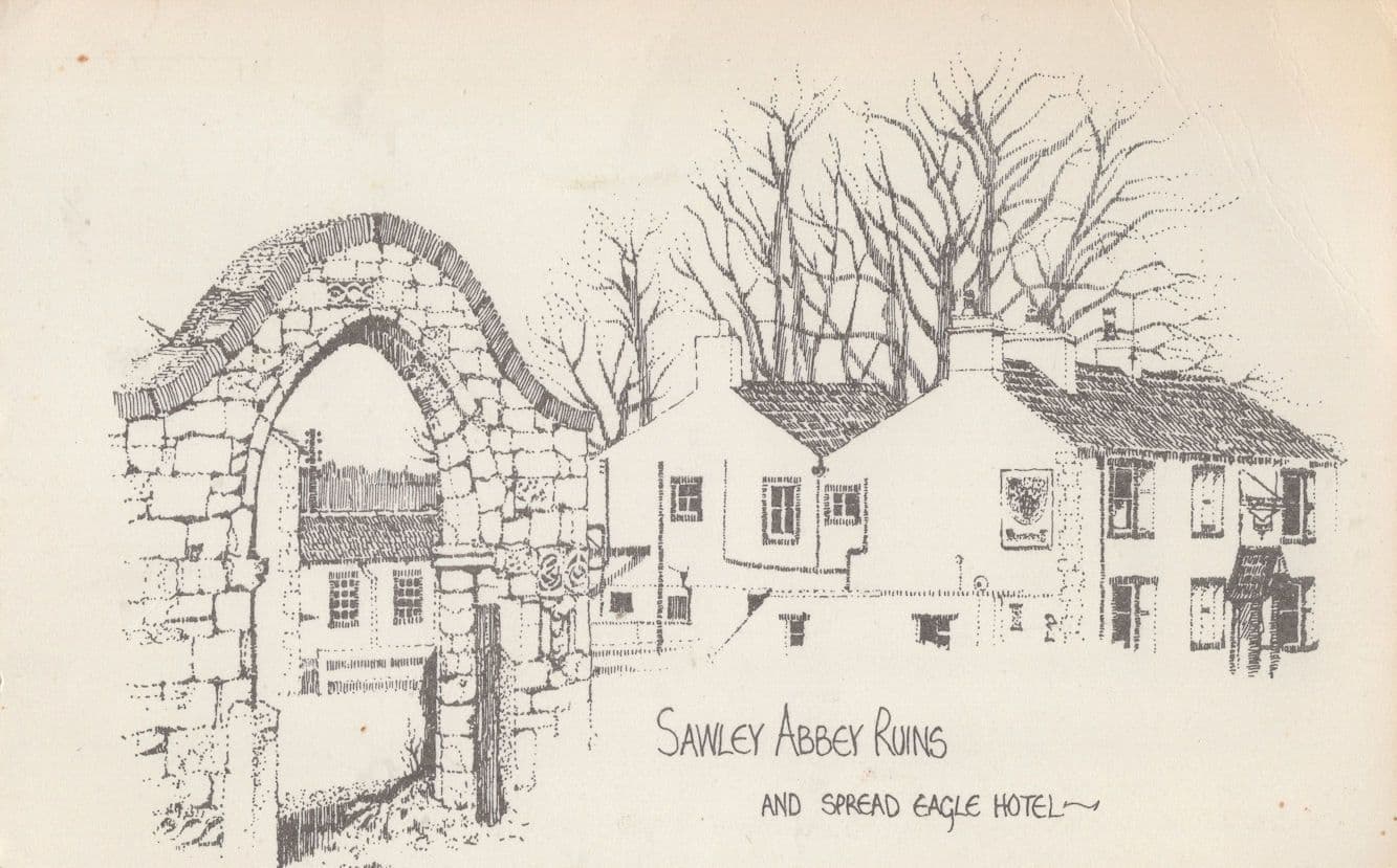 Spread Eagle Pub Sawley Abbey Ruins Lancashire Sketch Postcard
