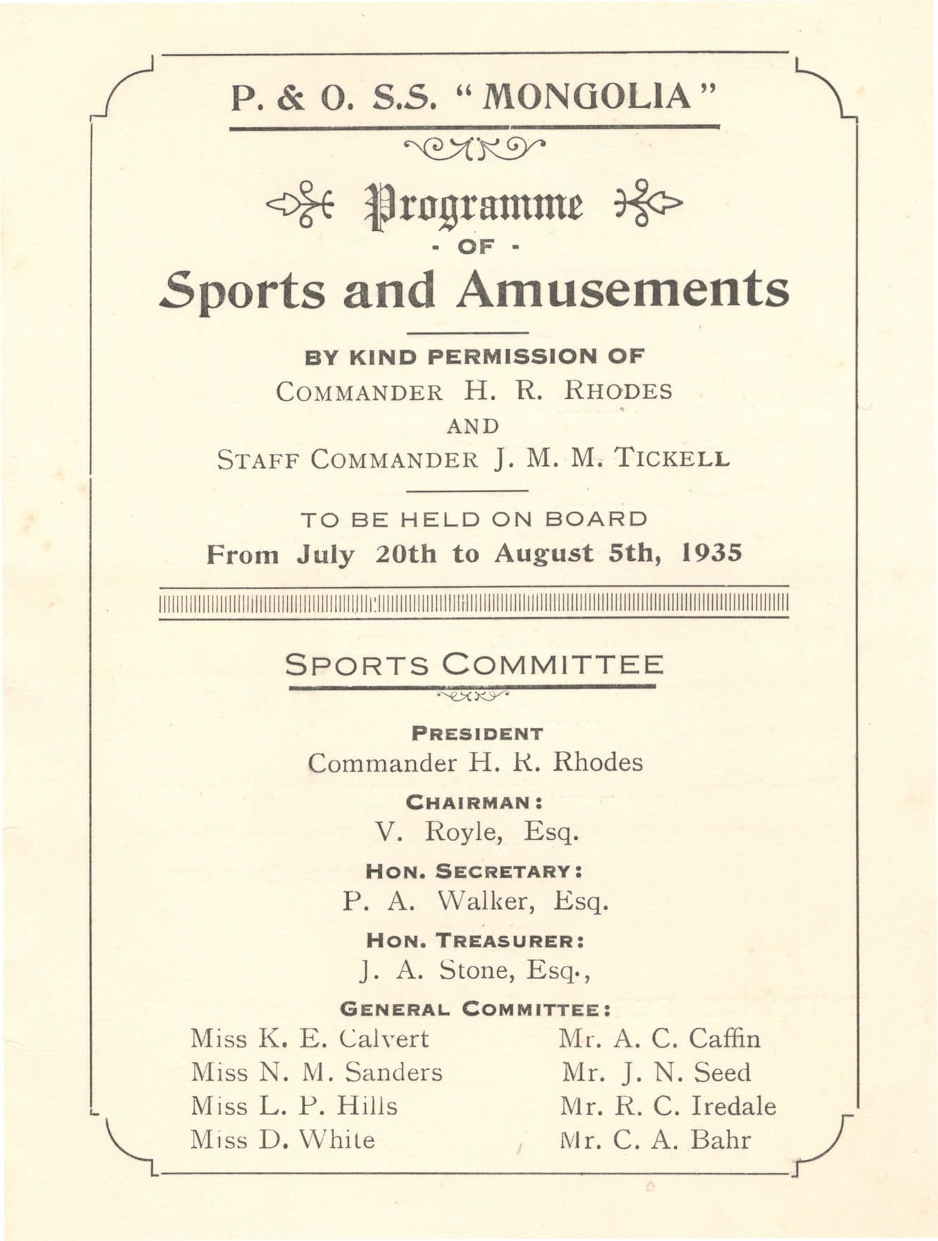 SS Mongolia P&O Cruise Ship 1935 Dance Whist Tennis Book -let