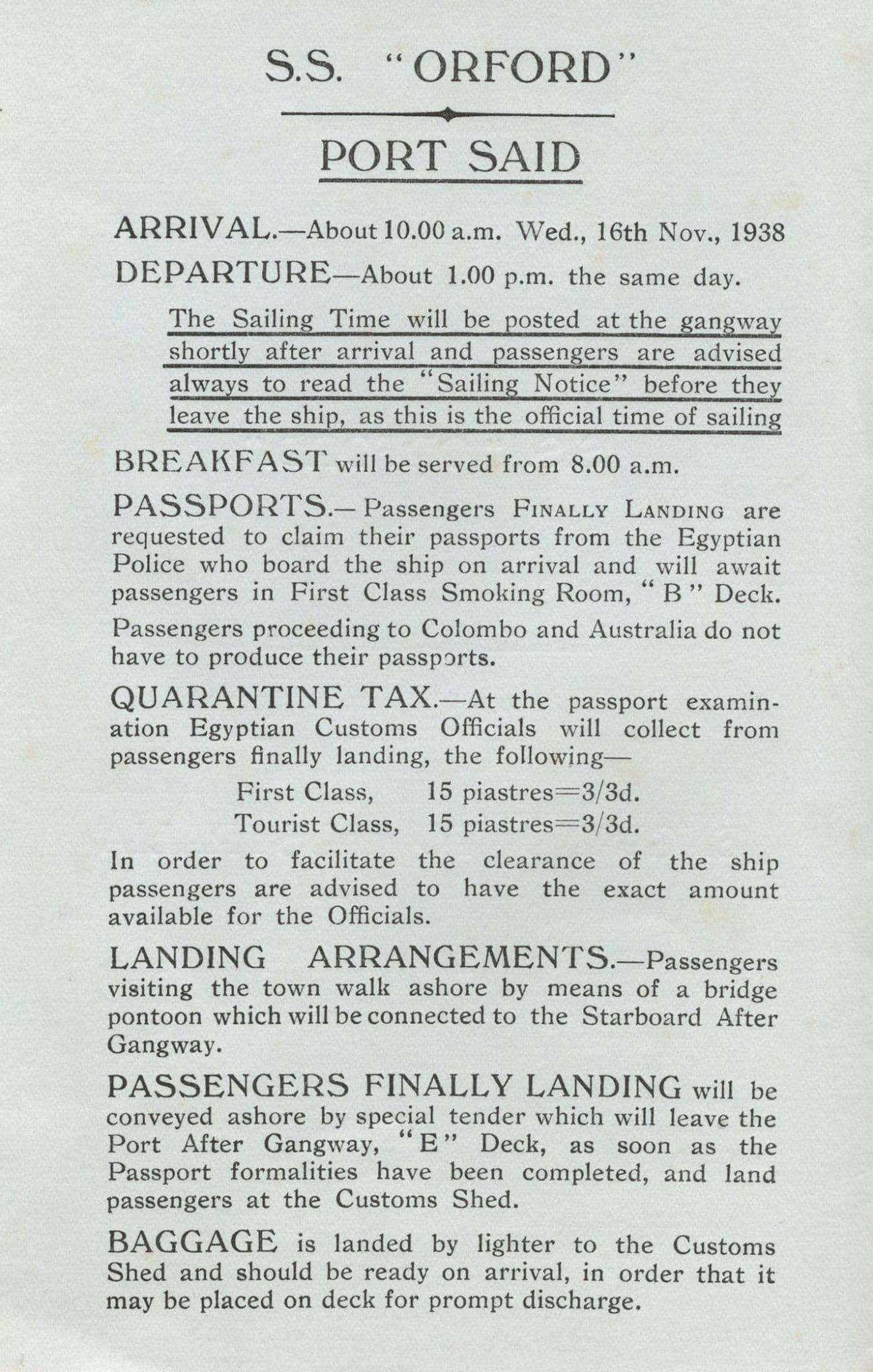 SS Orford 1938 Ship Port Said Cruise To Australia Programme