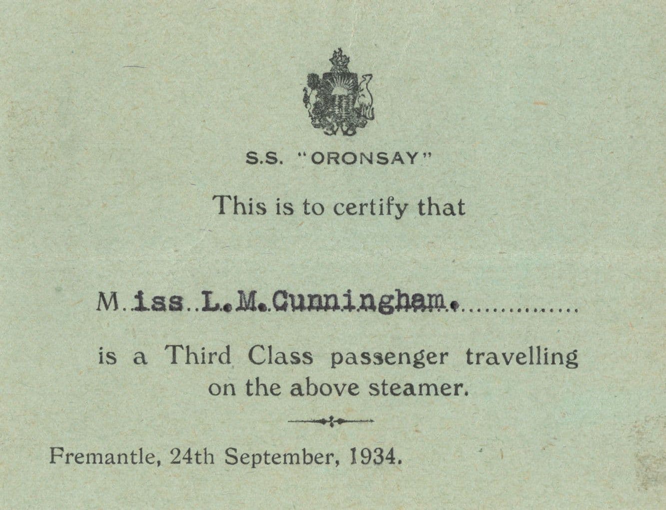 SS Oronsay Ship Vintage 1934 Third Class Passenger Ticket