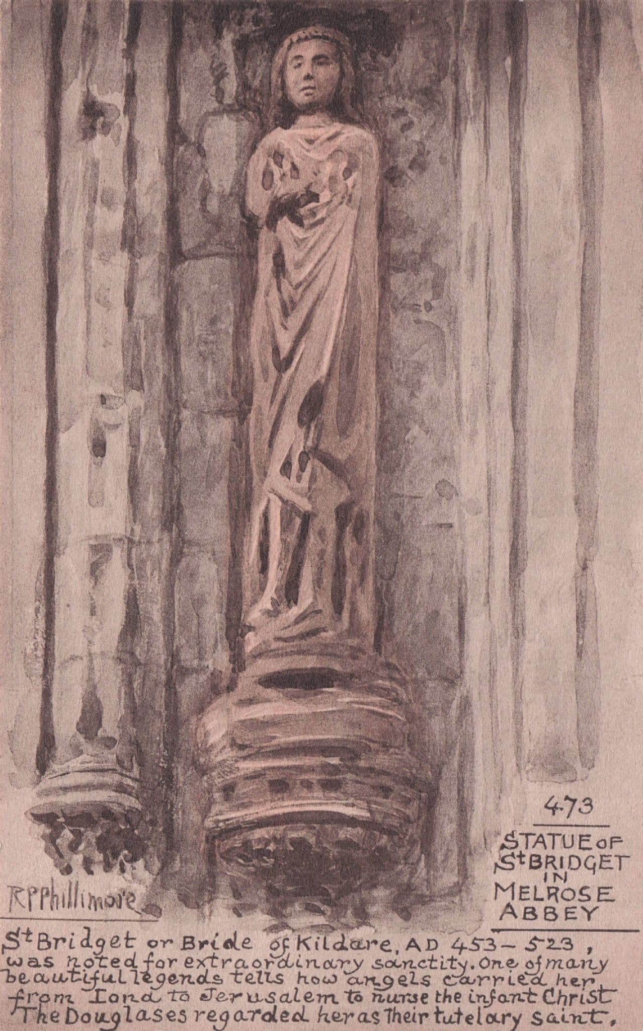 St Bridget of Kildare Statue in Melrose Abbey Phillimore Old Postcard