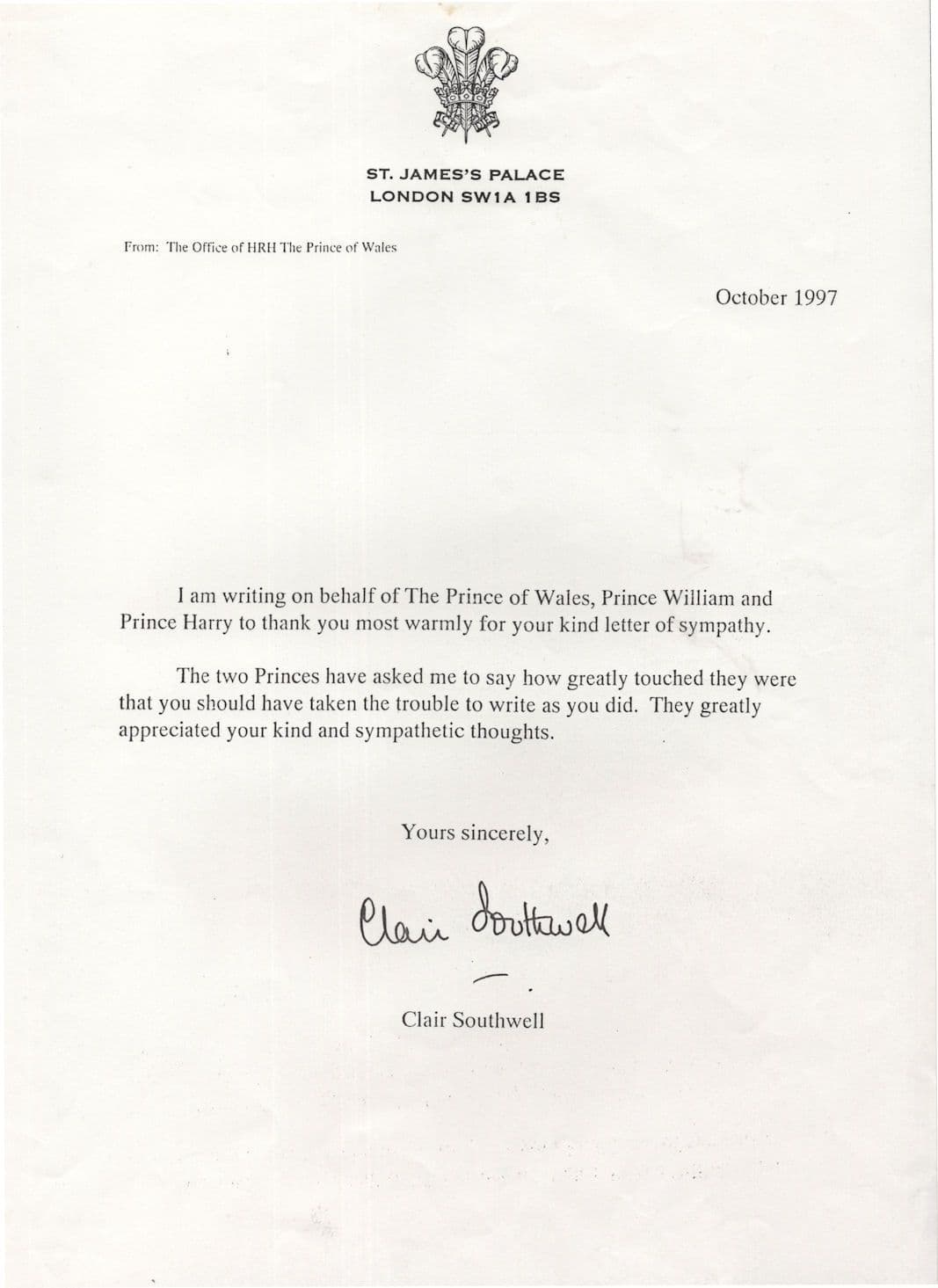 St James Palace Letter Death Of Princess Diana Signed Letter & Official Envelope