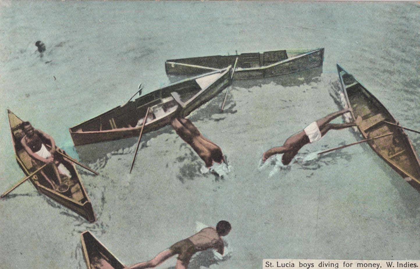 St Lucia Carribean Boys Diving For Money Canoe Boats Postcard