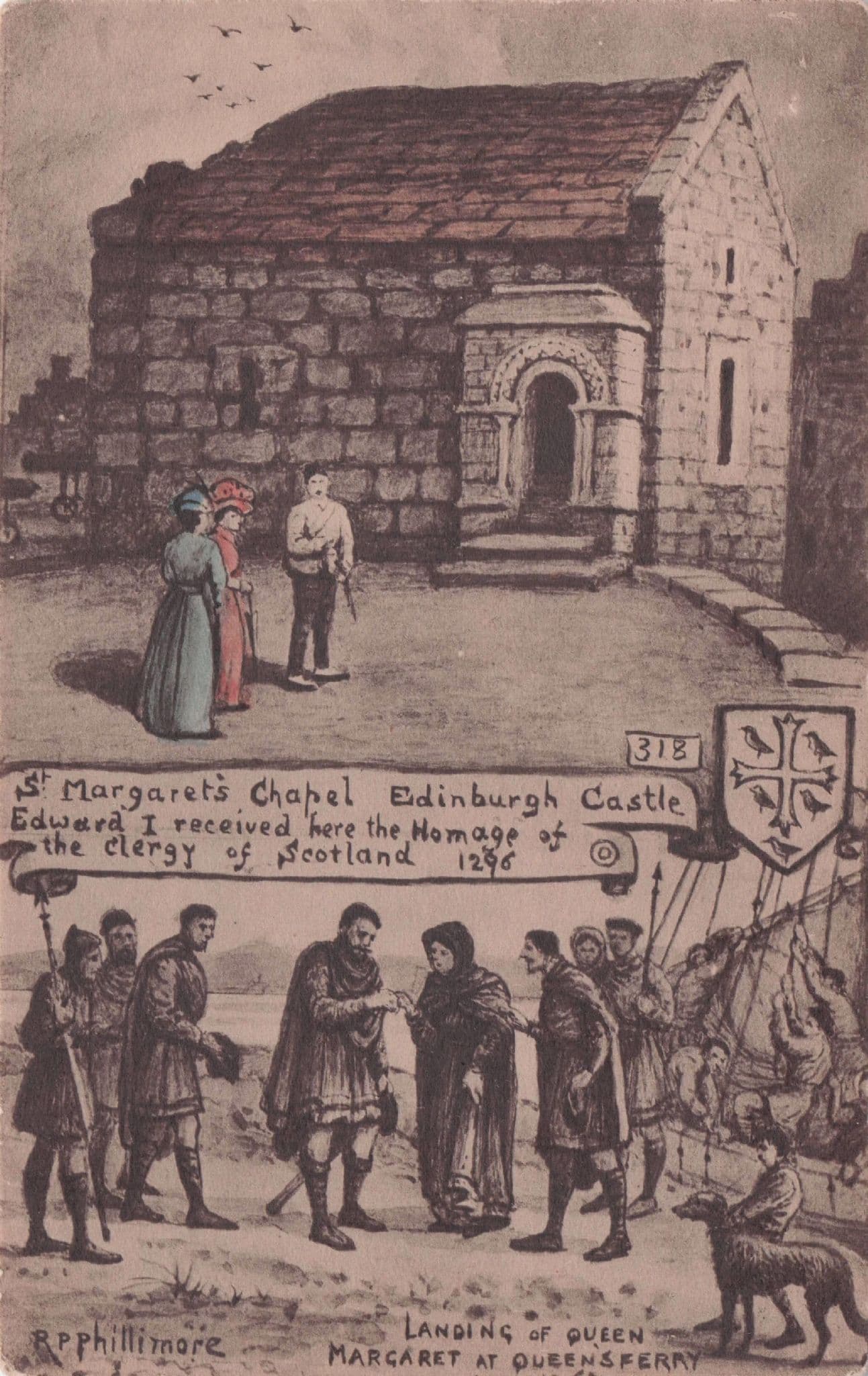 St Margaret's Chapel Edinburgh Landing of Queen Margaret Ship Phillimore Postcard