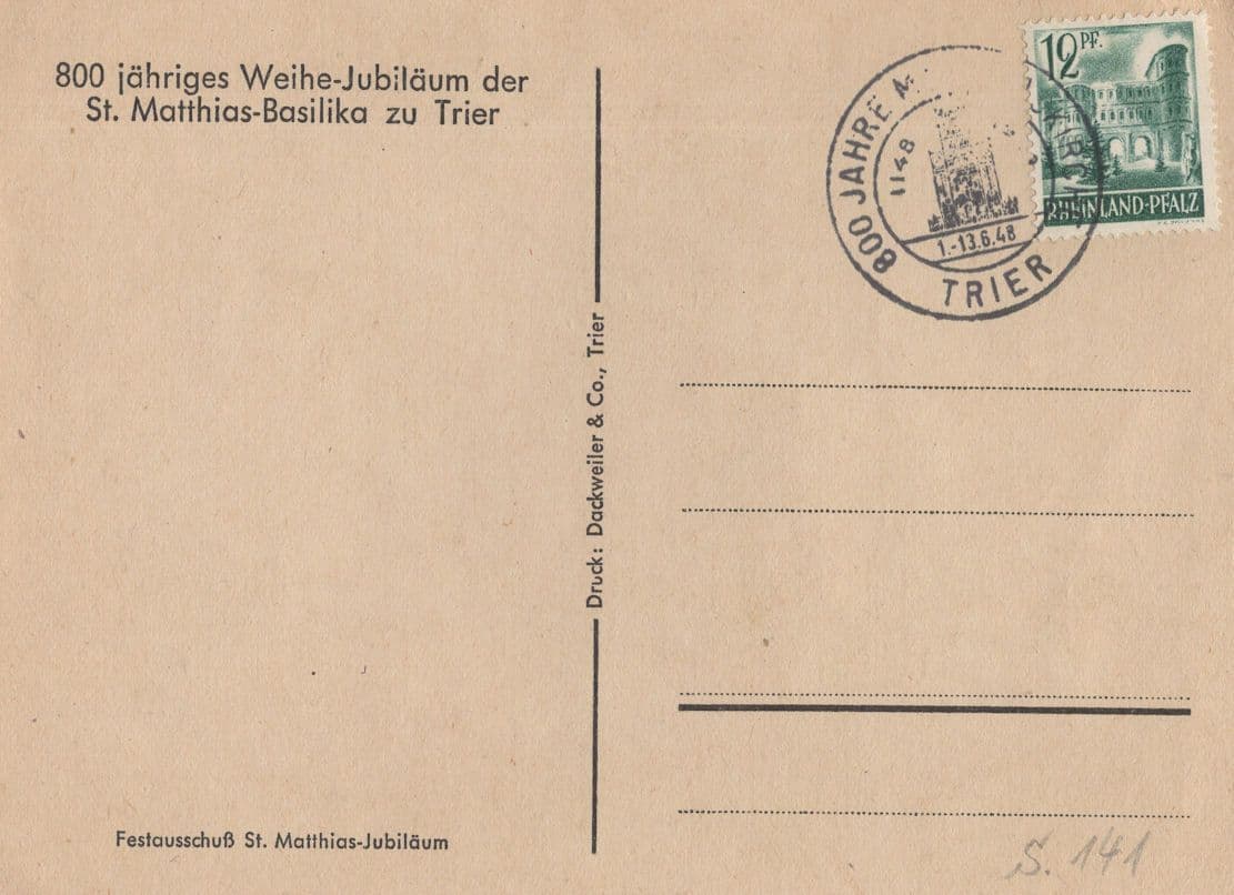 St Matthias Basilika Zu Trier Weihe JubilÔøΩum German FDC
