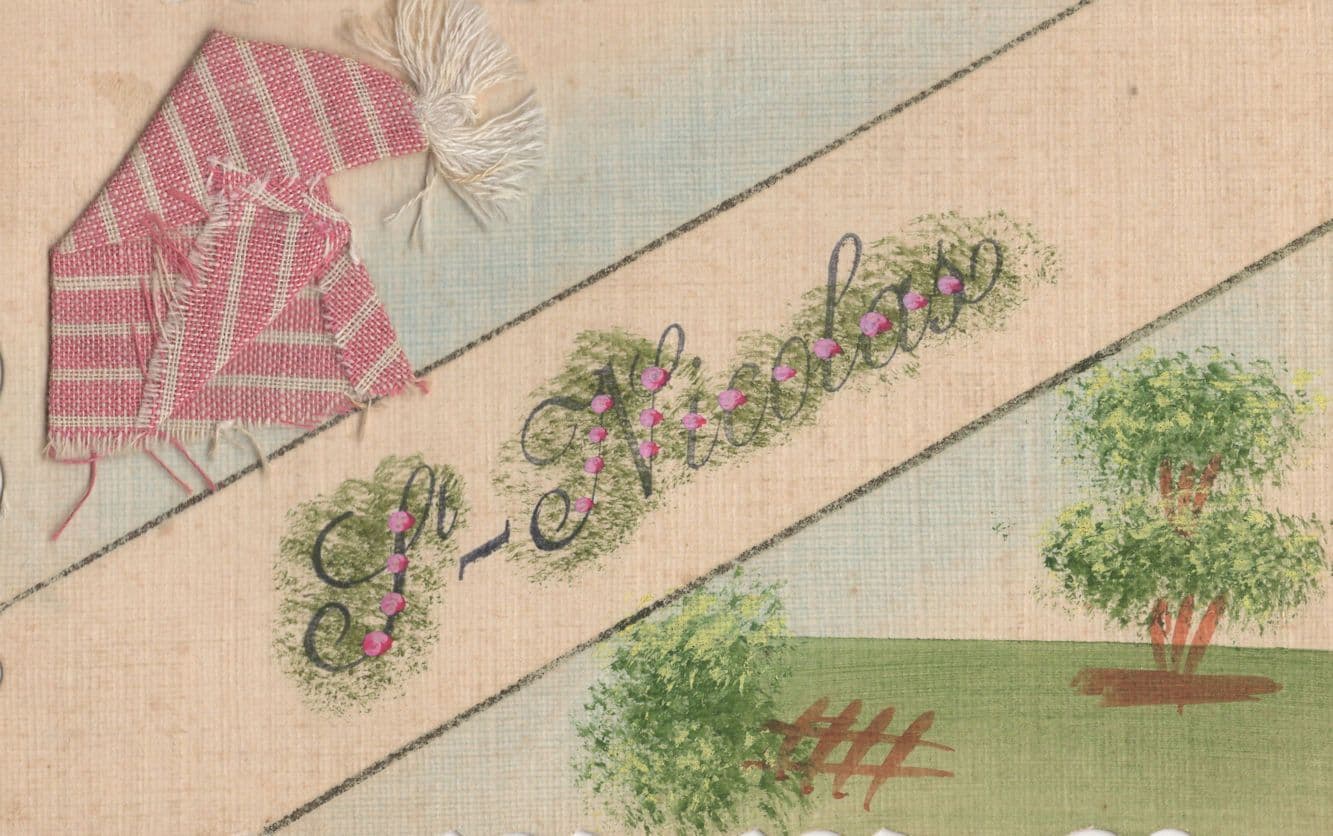 St Nicholas Antique REAL Silk Scarf French Old Greetings Postcard