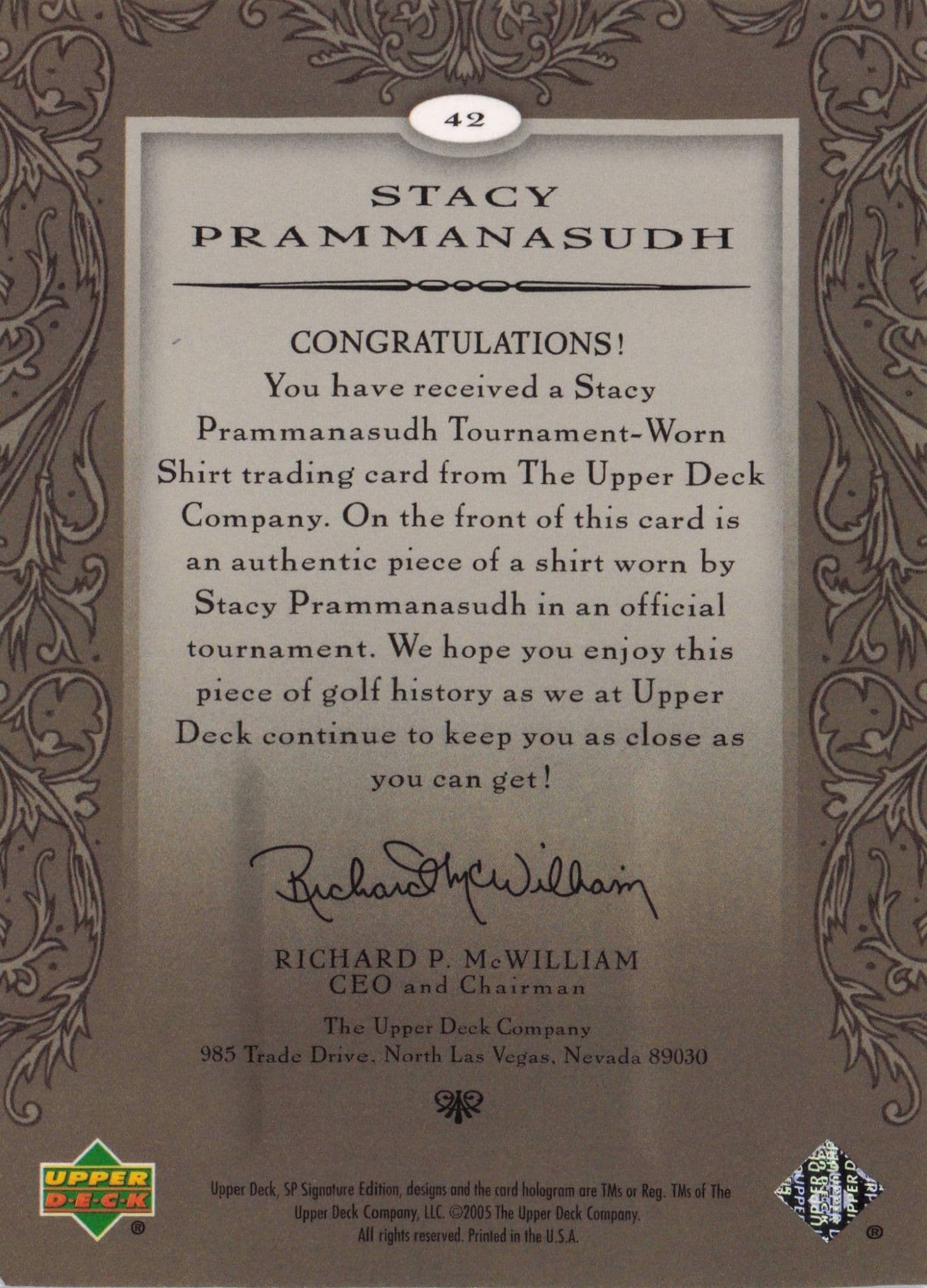 Stacy Prammanasudh First Tee SP 2005 Golf Upper Deck Relic Shirt Card