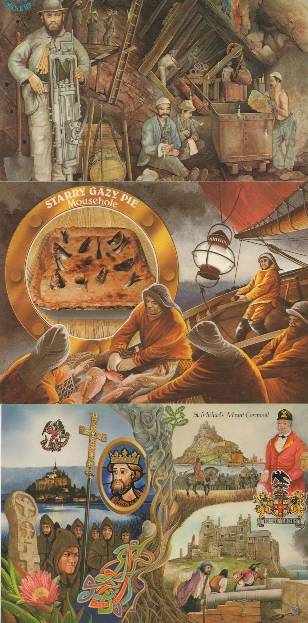 Starry Gazy Pie Mousehole Cornwall Miners 3x Postcard s