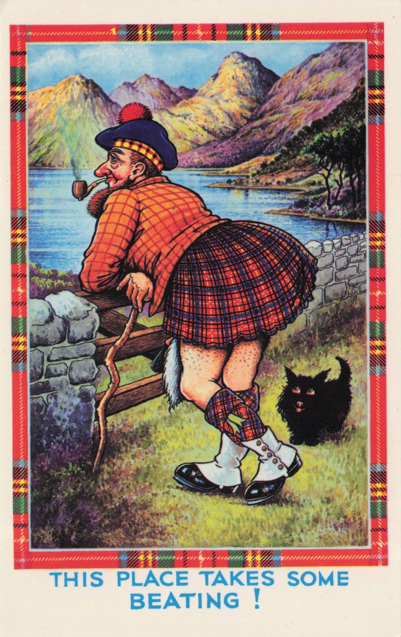 Startled Black Scottish Cat By Scotsman On Holiday Old Comic Postcard