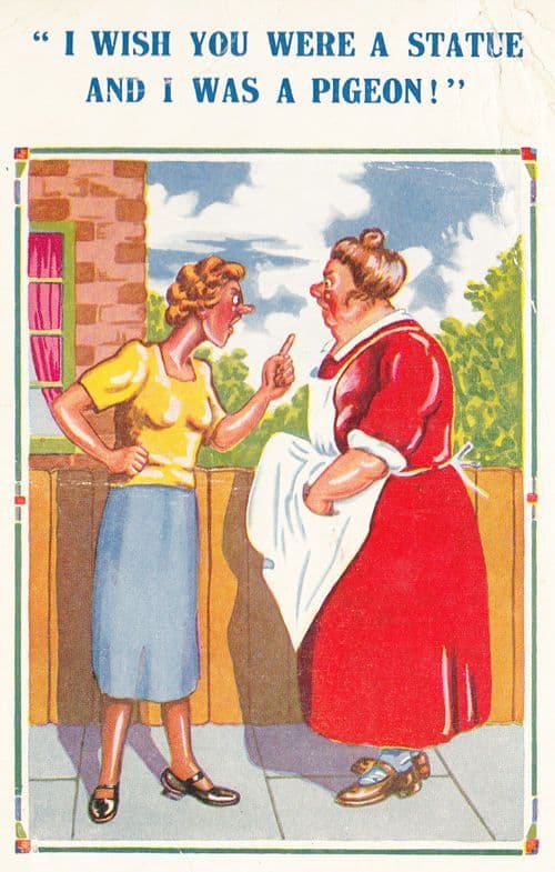 Statue Pigeon Woman Bird Dropping Humour Comic Postcard