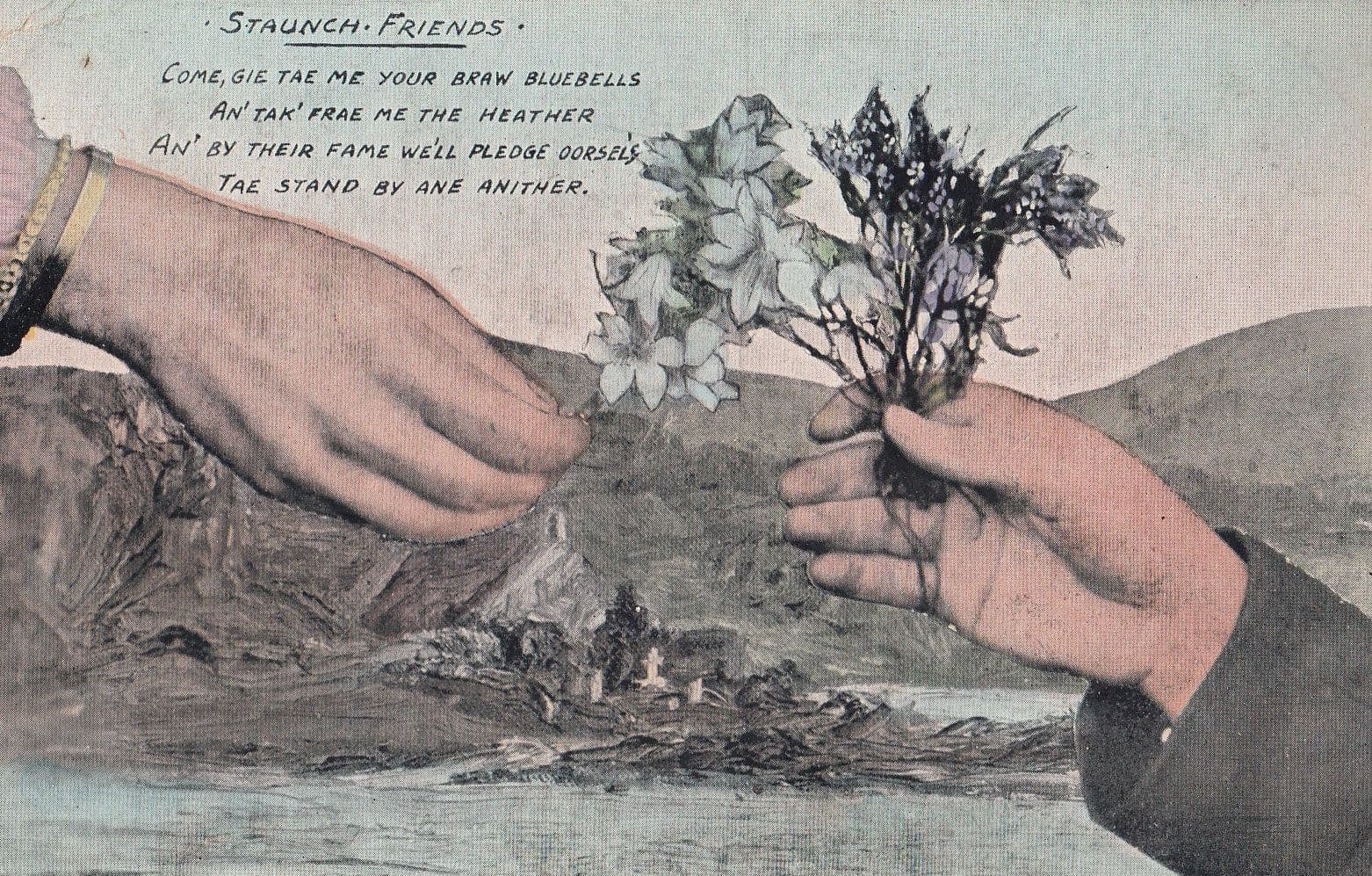 Staunch Friends Handshake Heather Bluebells Antique Postcard