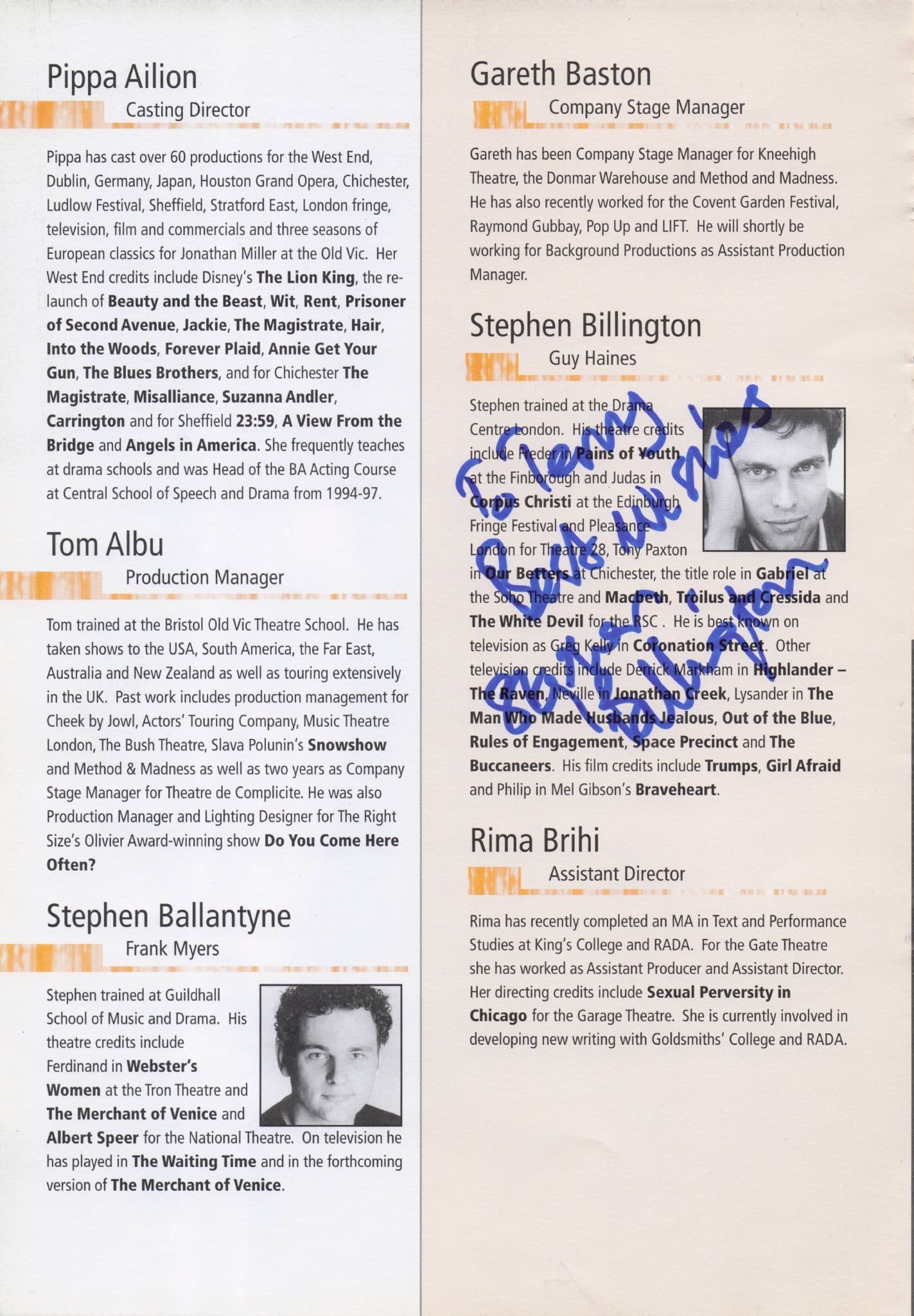 Stephen Billington Greg Kelly Coronation Street Hand Signed Theatre Page