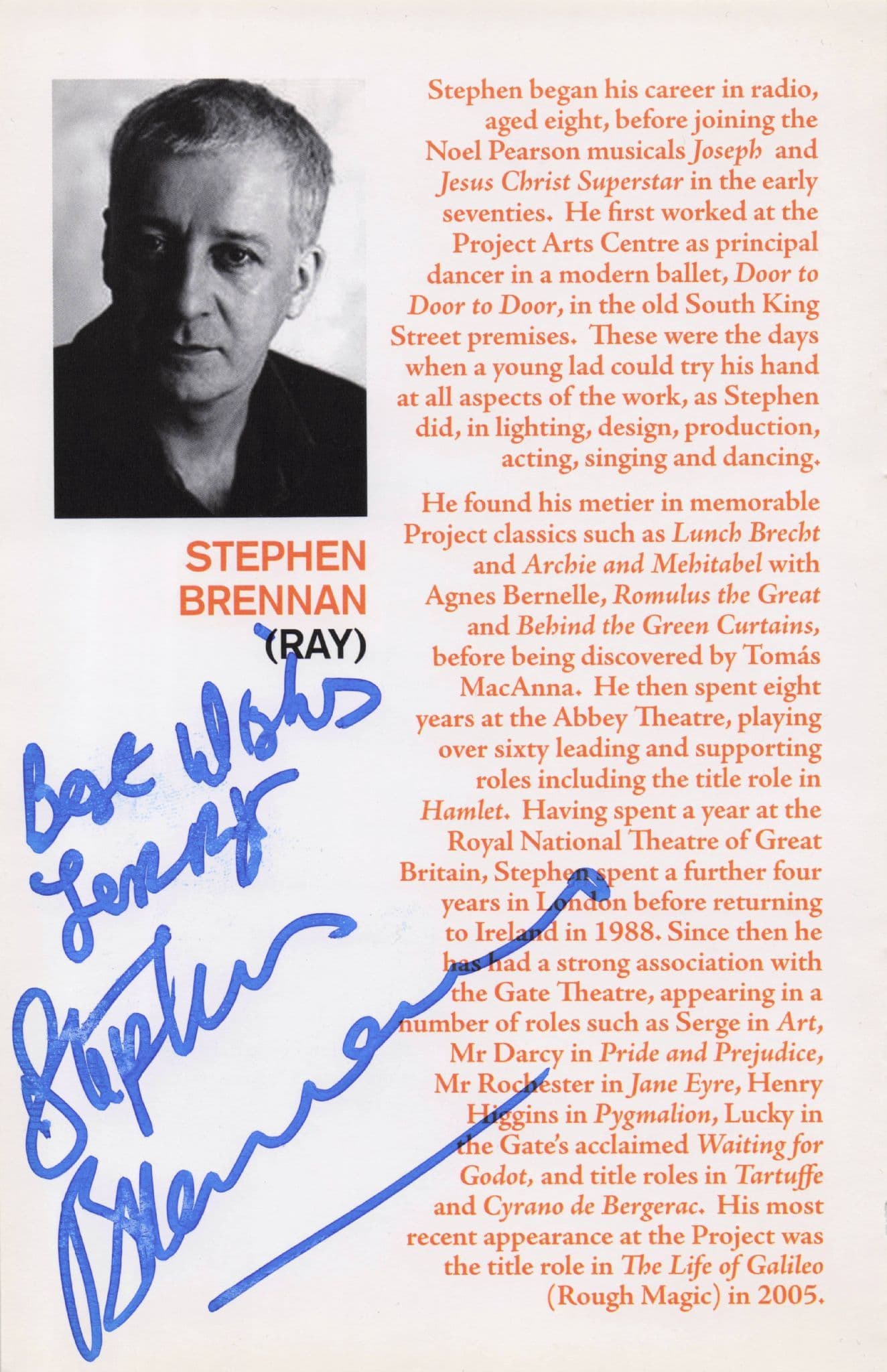 Stephen Brennan in Blackbird Hand Signed Photo Theatre Page