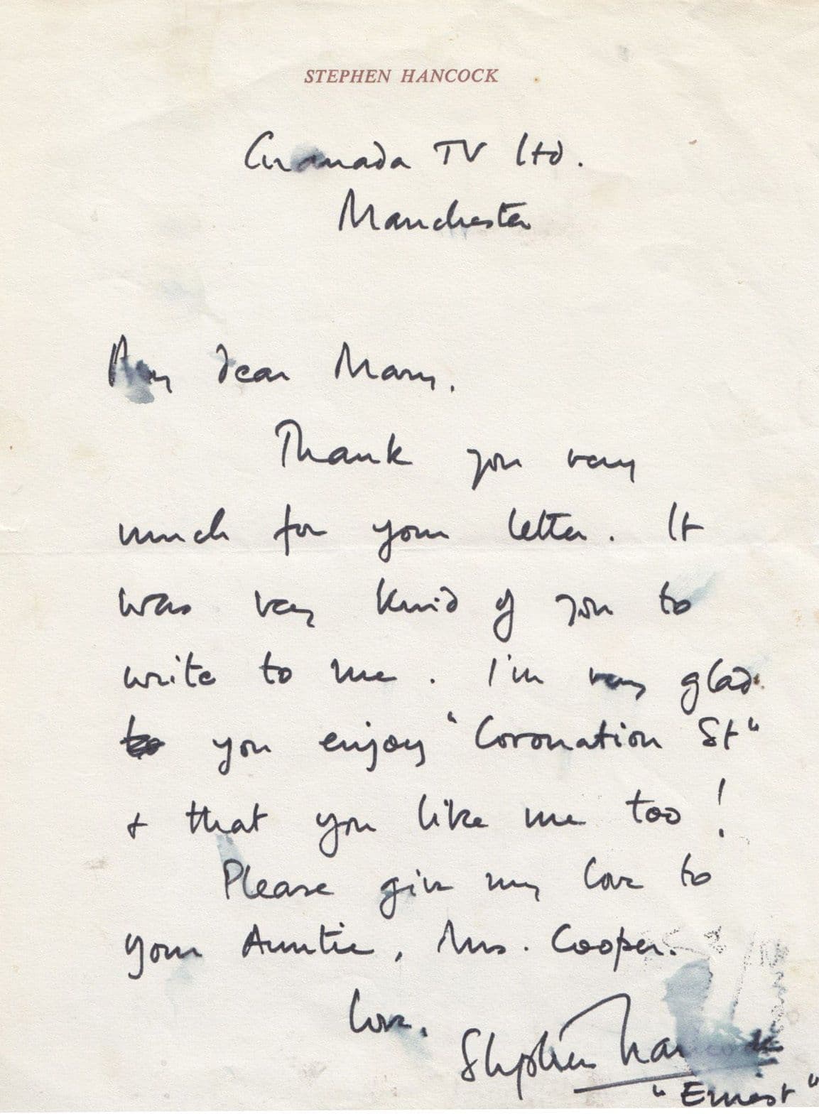Stephen Hancock Ernest Bishop Coronation Street Hand Written Signed Letter