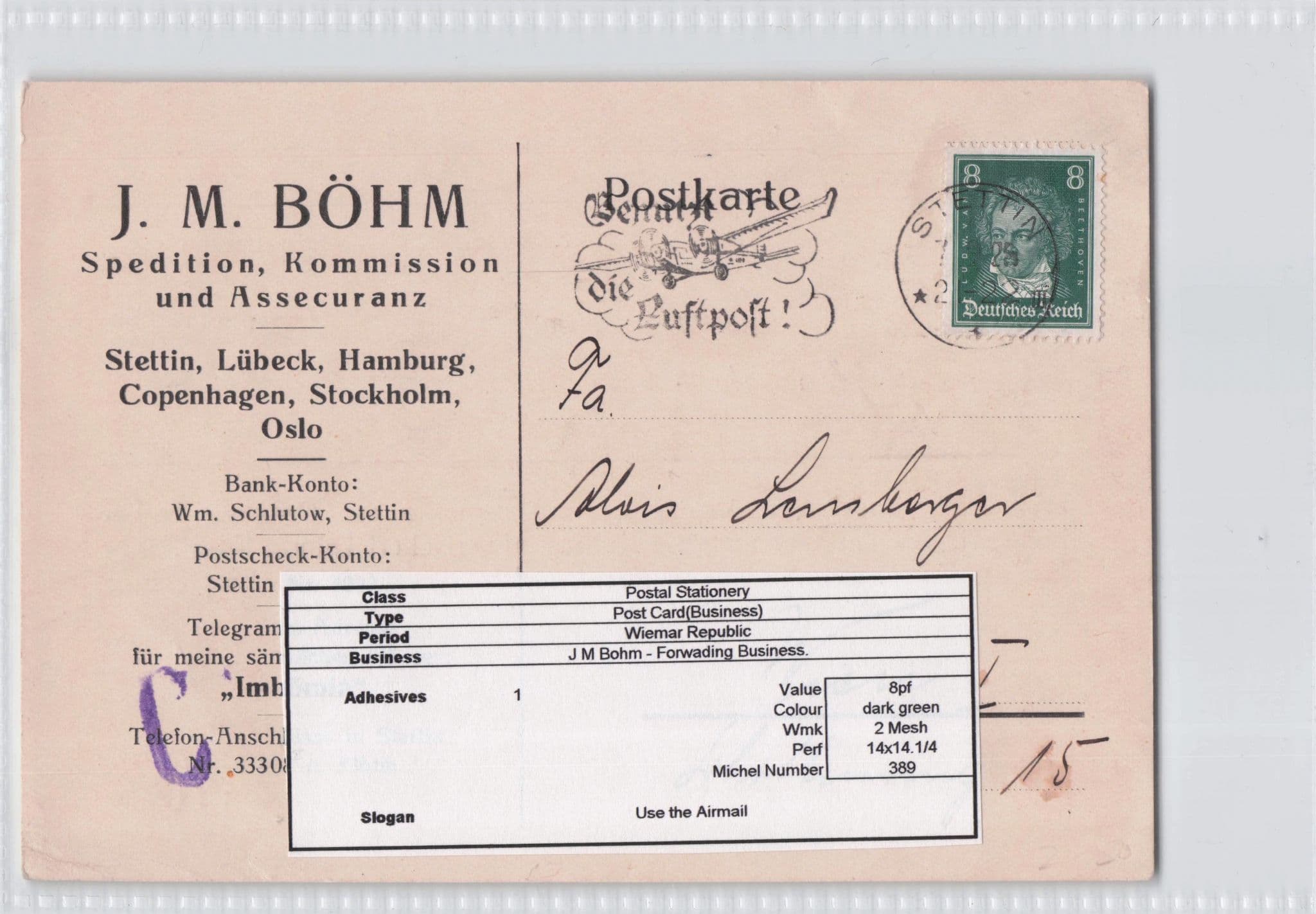Stettin Lubeck Hamburg Oslo Insurance Brokers German Old Postcard
