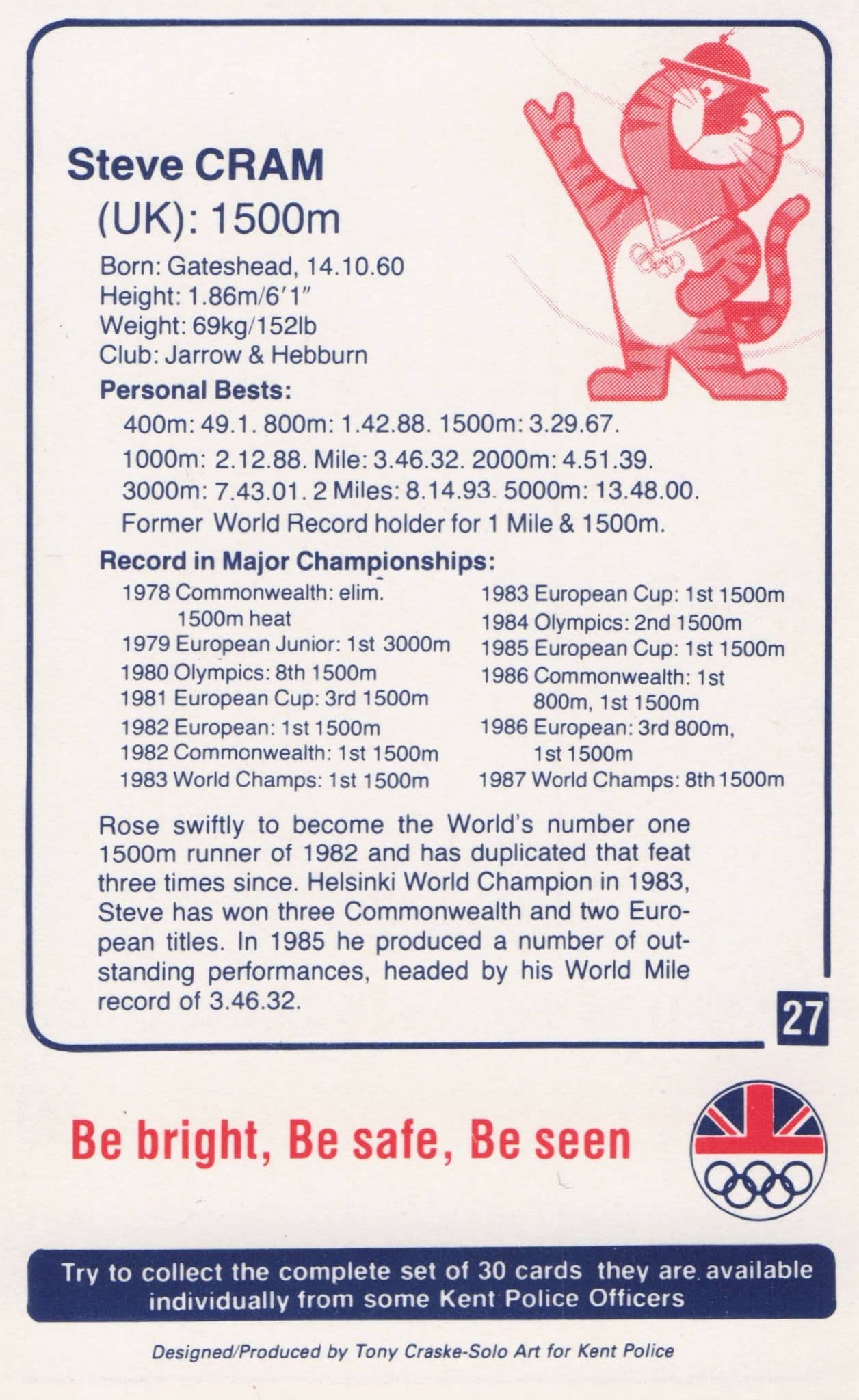 Steve Cram British GB Athlete Olympics 1988 Rare Police Trade Photo Card