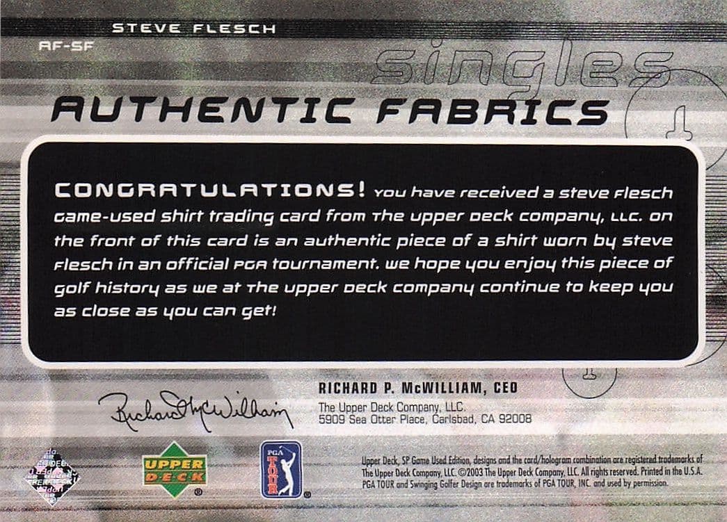 Steve Flesch Authentic Fabrics Singles 2003 Golf Upper Deck Worn Shirt Card