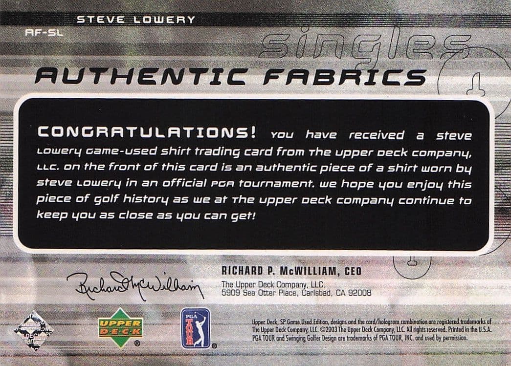 Steve Lowery Authentic Fabrics Singles 2003 Golf Upper Deck Worn Shirt Card