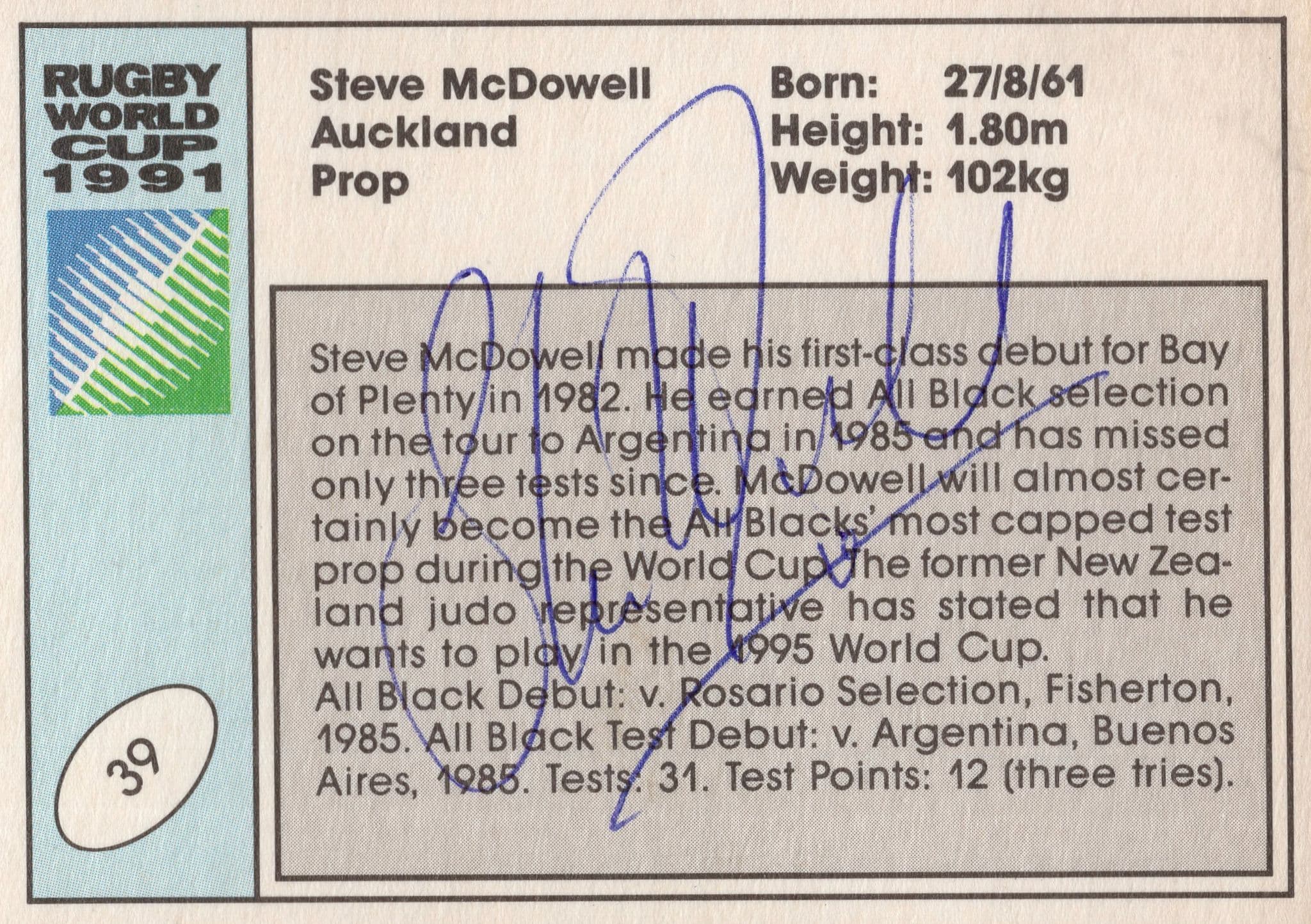 Steve McDowell New Zealand Hand Signed Rugby 1991 World Cup Card Photo