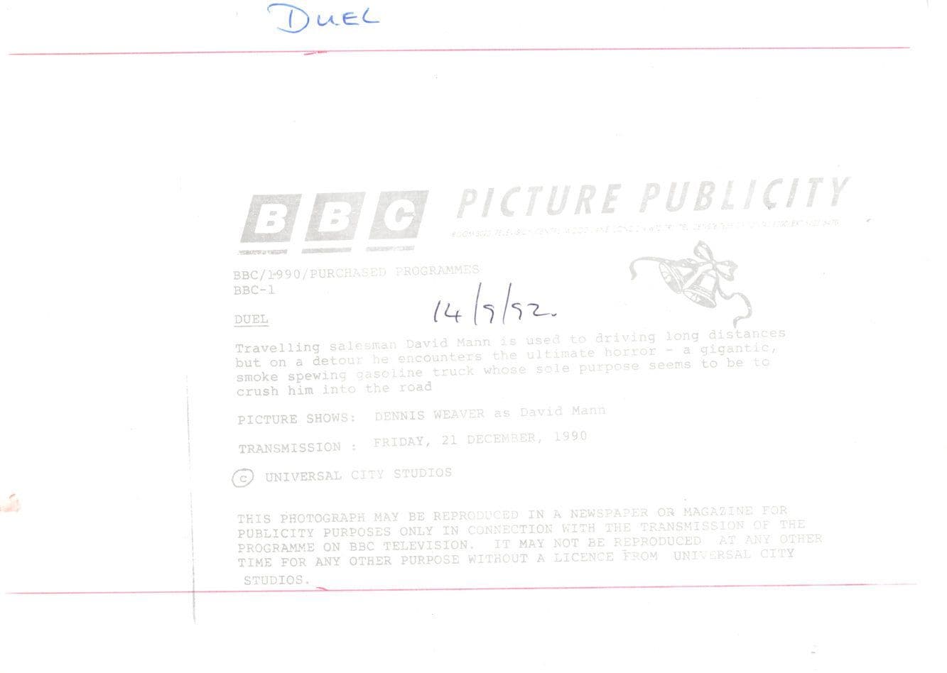 Steven Spielberg Duel Film BBC TV Debut 1990 Press Photo